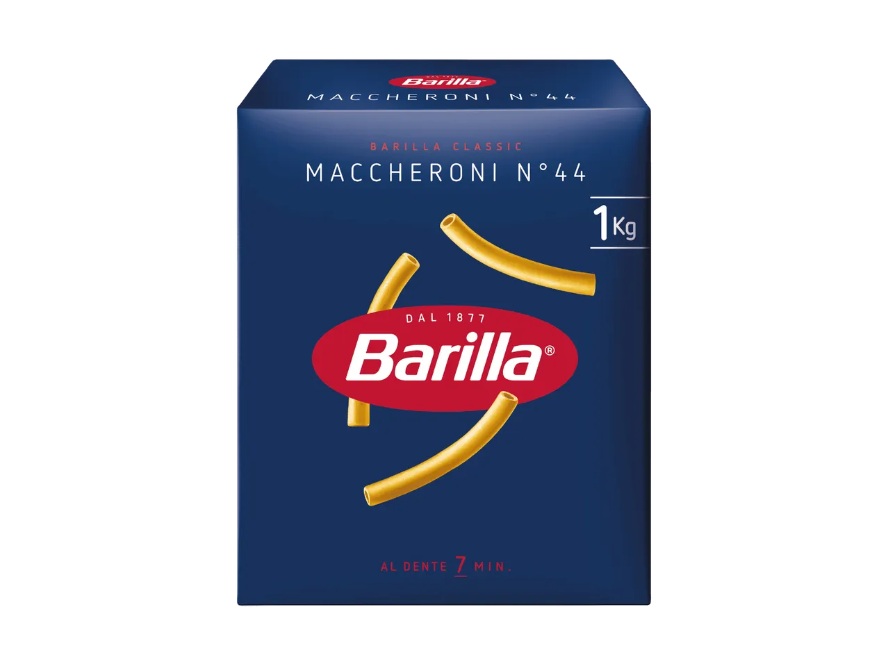 Paquet de 1 kg de maccheroni, cuisson al dente en 7 minutes.