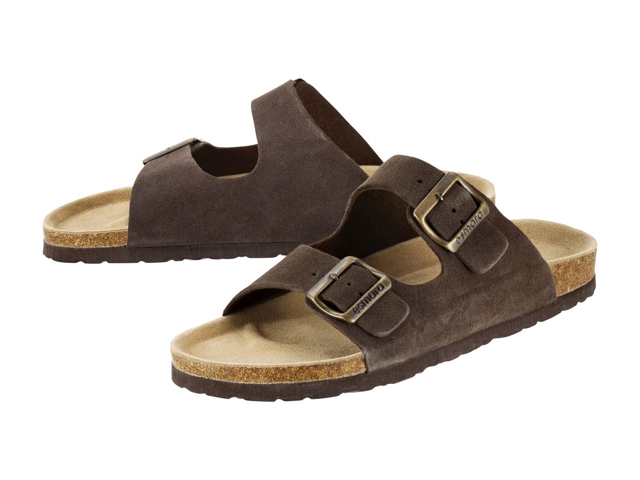 Pair of brown suede sandals with two adjustable straps and cork soles