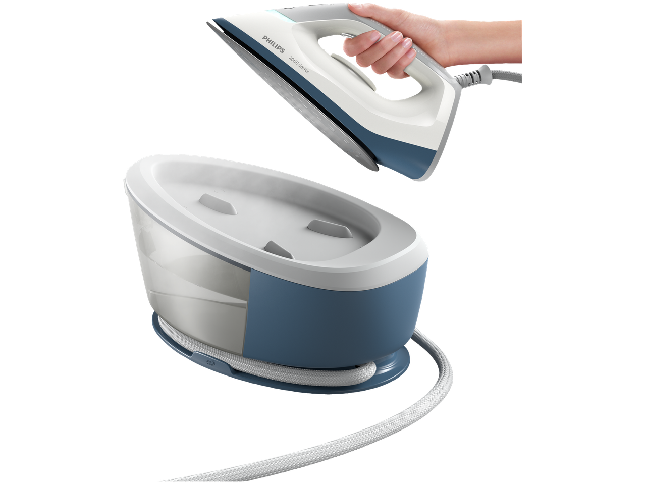 Philips Steam Generator iron with station, held by a hand, on a black background.
