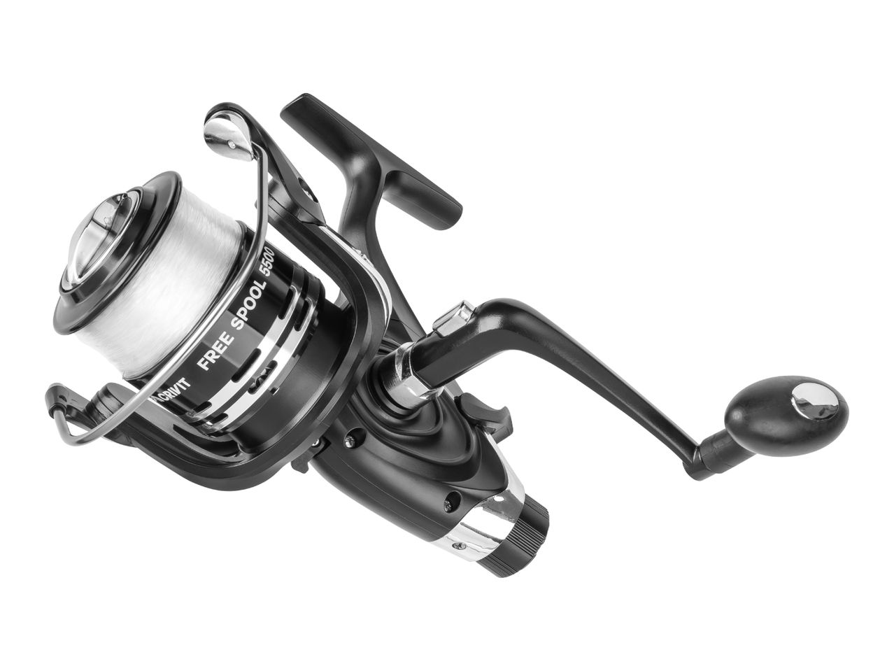 Black fishing reel with white line, featuring a free spool system and a crank handle.