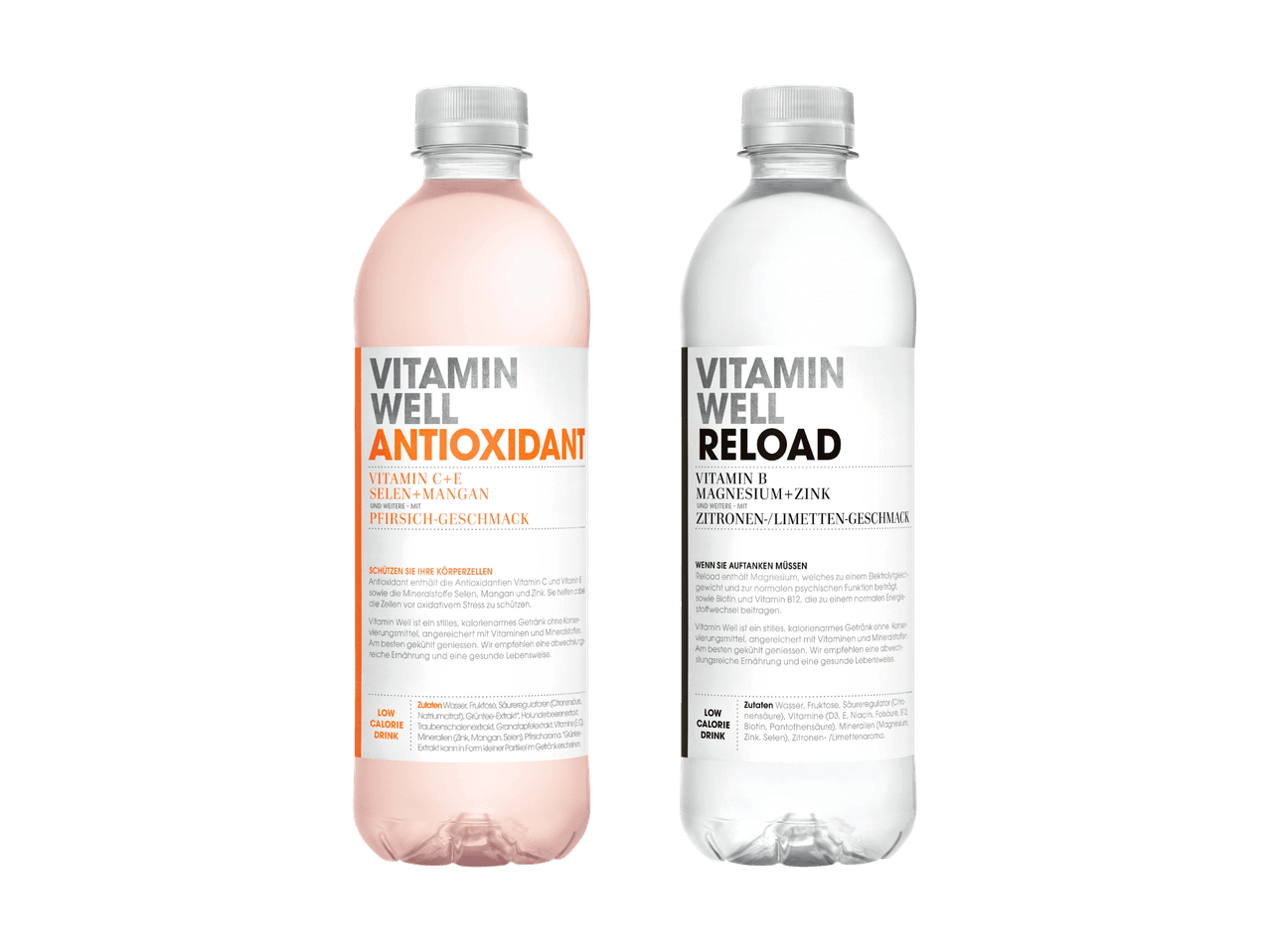 Zwei Flaschen Vitaminwasser, eine Antioxidans mit Pfirsichgeschmack und eine Reload mit Zitronen-/Limettengeschmack.