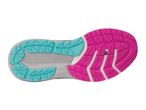 Underside of a running shoe with a pink and teal sole.