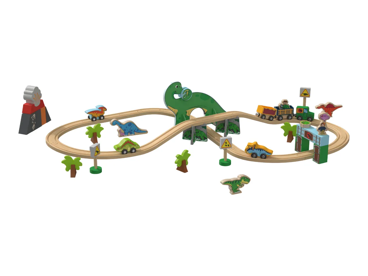 A wooden dinosaur-themed train set with tracks, vehicles, and a volcano.