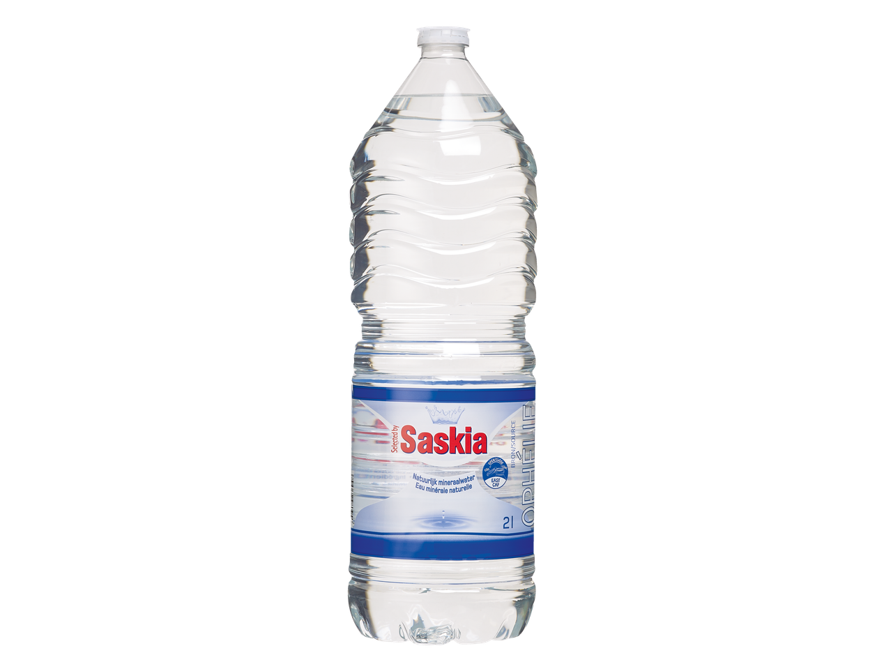 Une bouteille de 2 litres d'eau minérale naturelle Saskia avec une étiquette bleue et blanche.