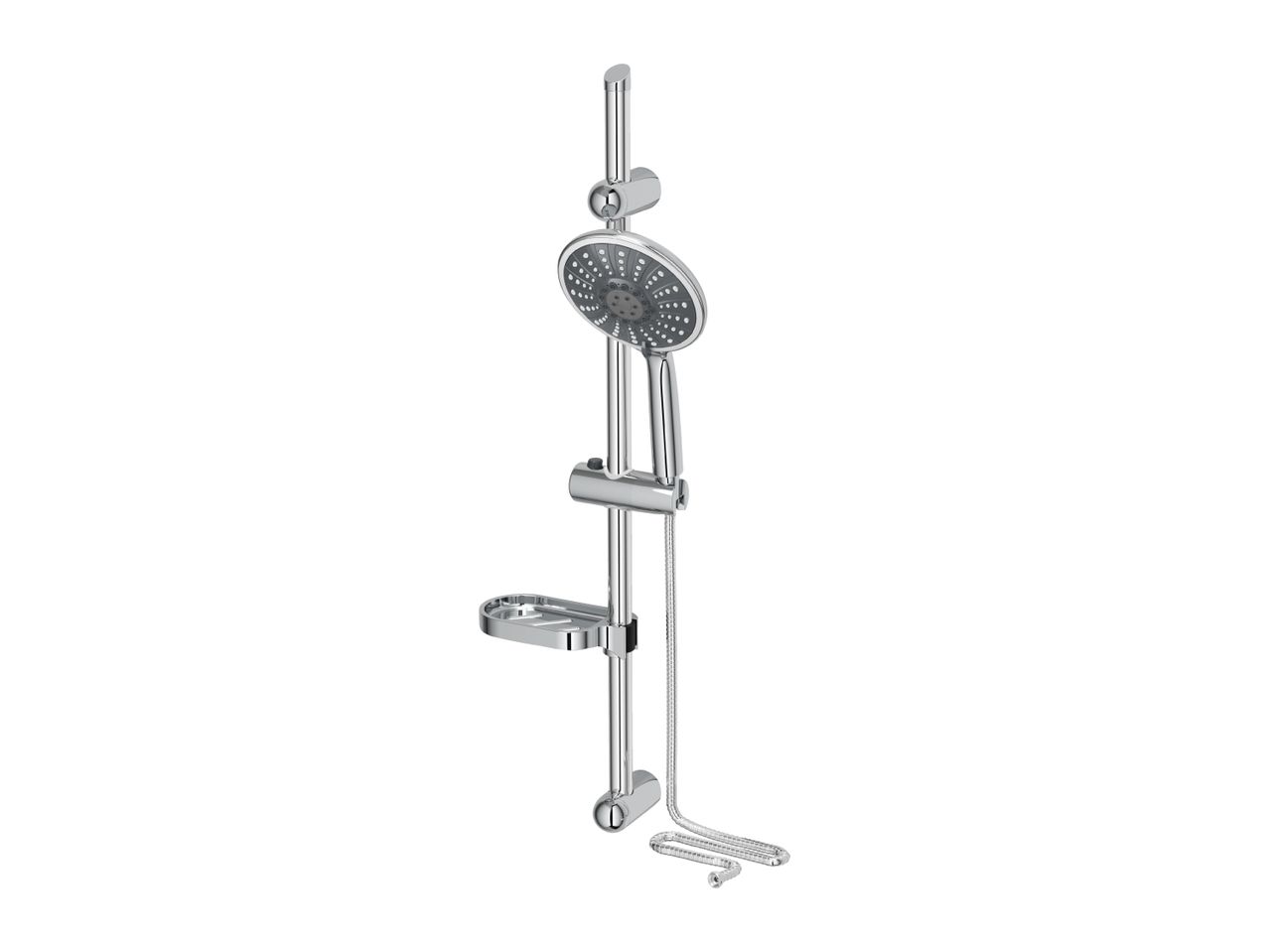 Chrome shower rail with a multi-function shower head, hose, and soap dish