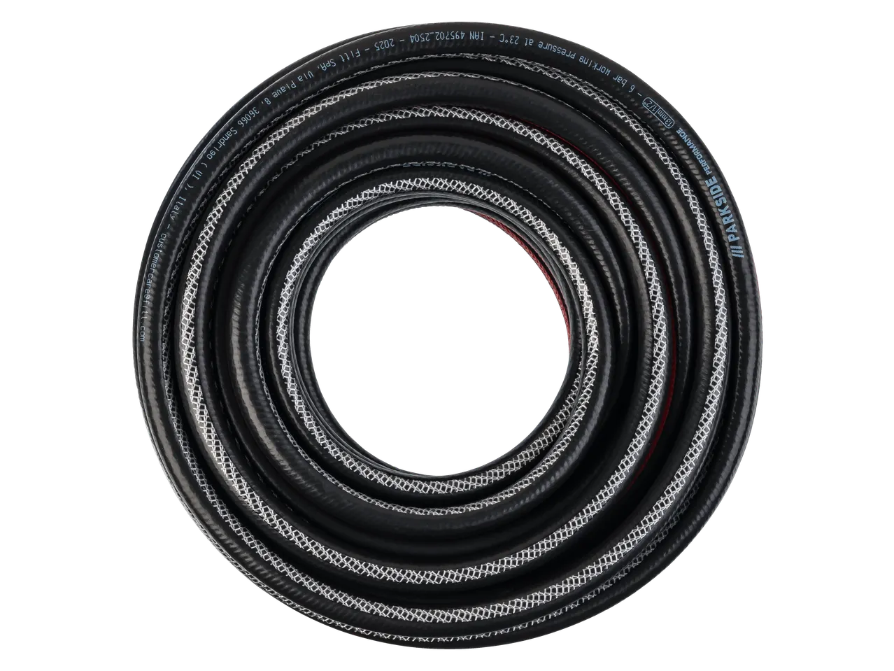 Black garden hose with white mesh reinforcement, coiled, showing specifications.
