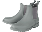 Pair of light gray Chelsea rain boots with elastic side panels and lug soles.