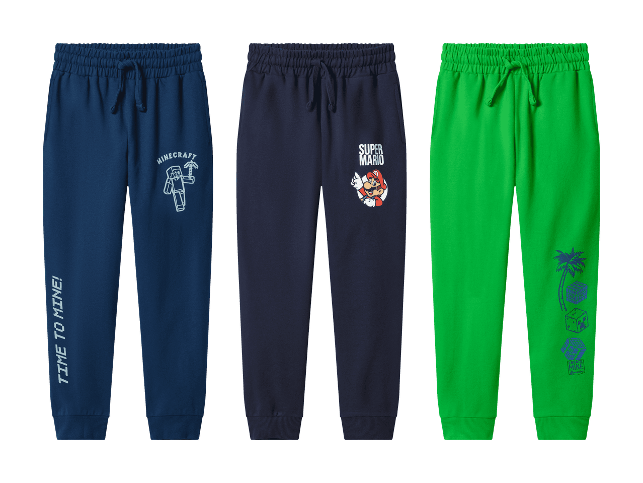 Drei Kinder-Jogginghosen: dunkelblau mit Videospielcharakter, marineblau mit Videospielcharakter und grün mit Videospielmotiven.