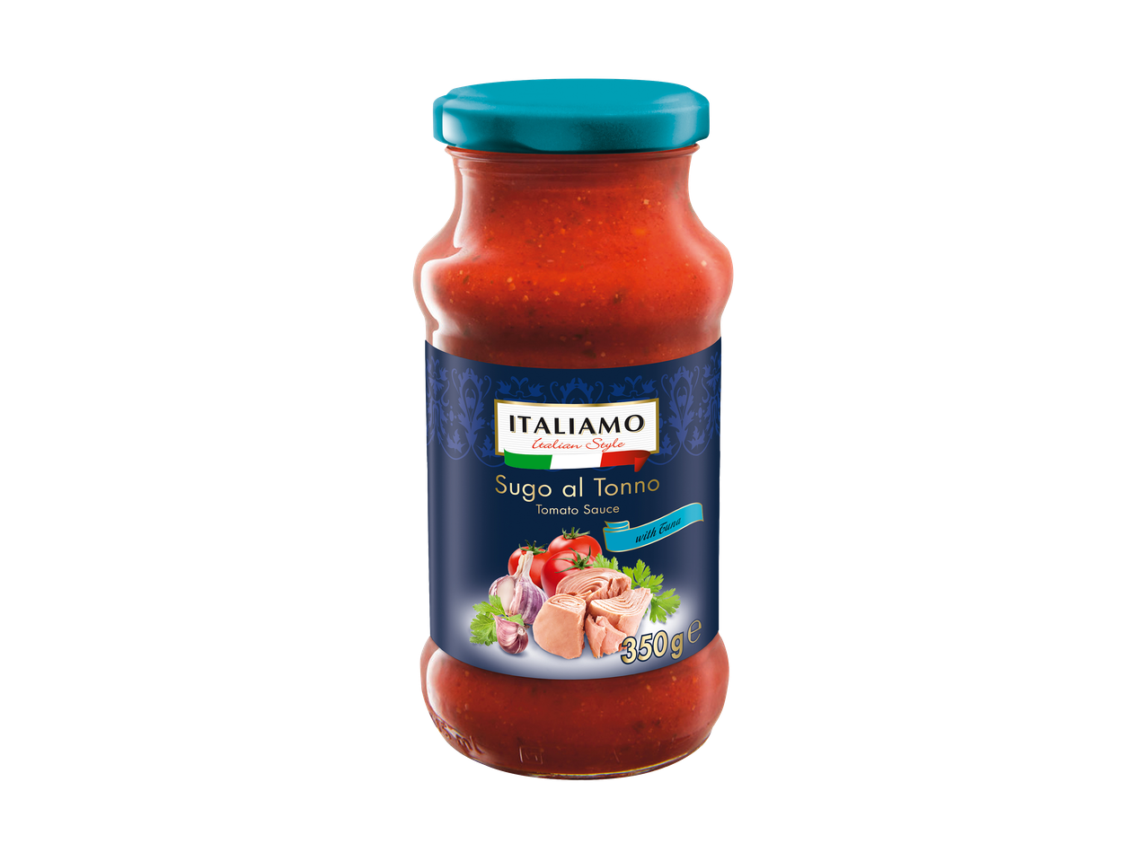Bocal de sauce tomate au thon, ail et persil, avec une étiquette bleue.