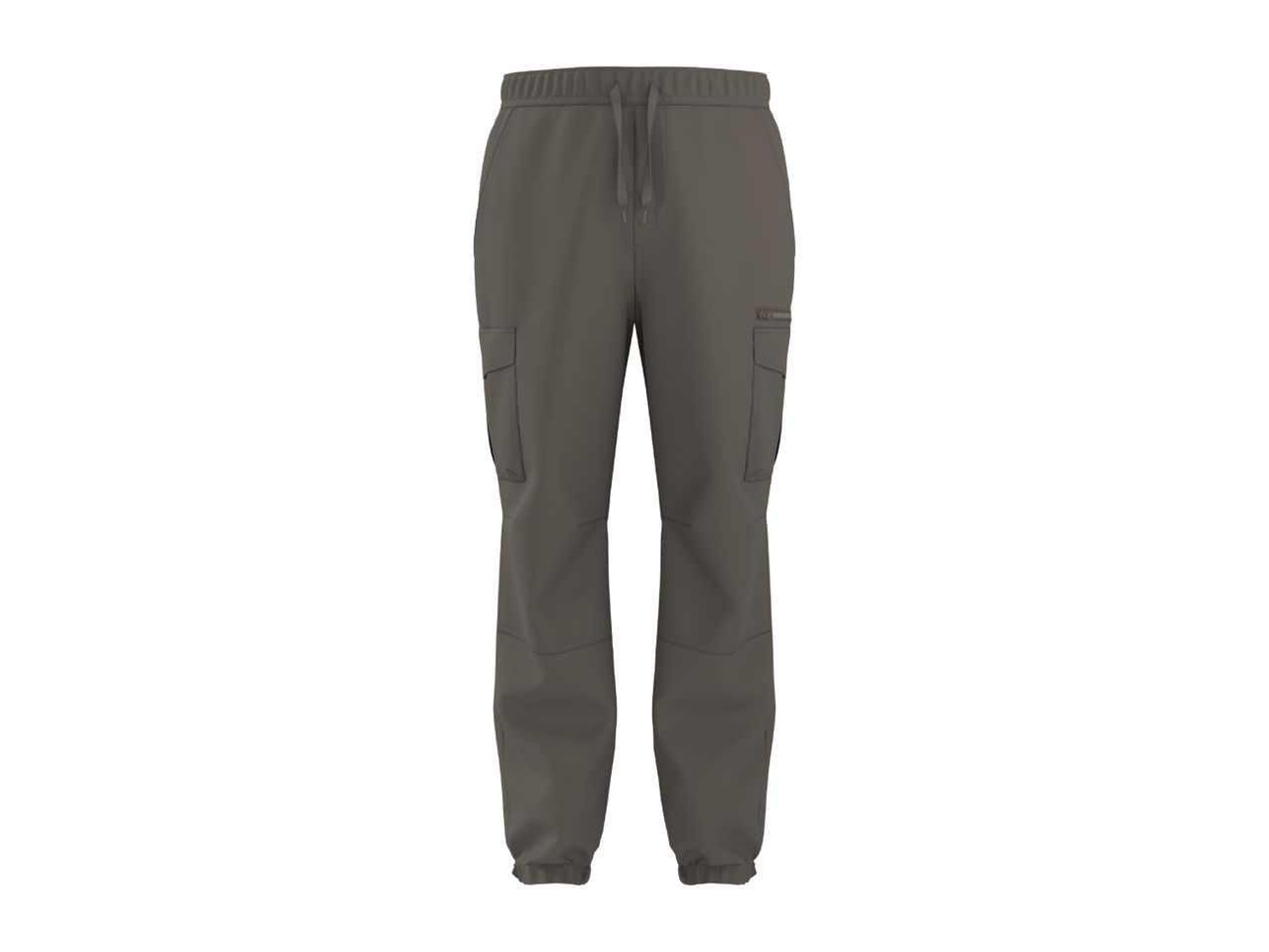 Dark grey cargo pants with an elastic waistband and drawstring, featuring side and cargo pockets.