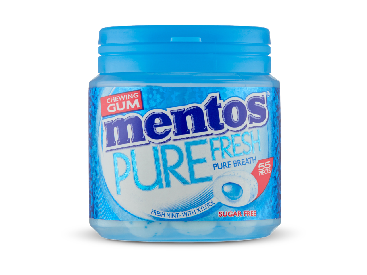 Potje kauwgom met opschrift 'Pure Fresh', 'Fresh Mint - With Xylitol' en 'Sugar Free'.