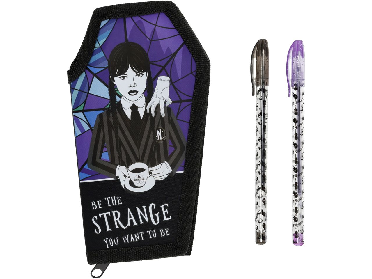 Wednesday Addams coffin-shaped pencil case with two pens