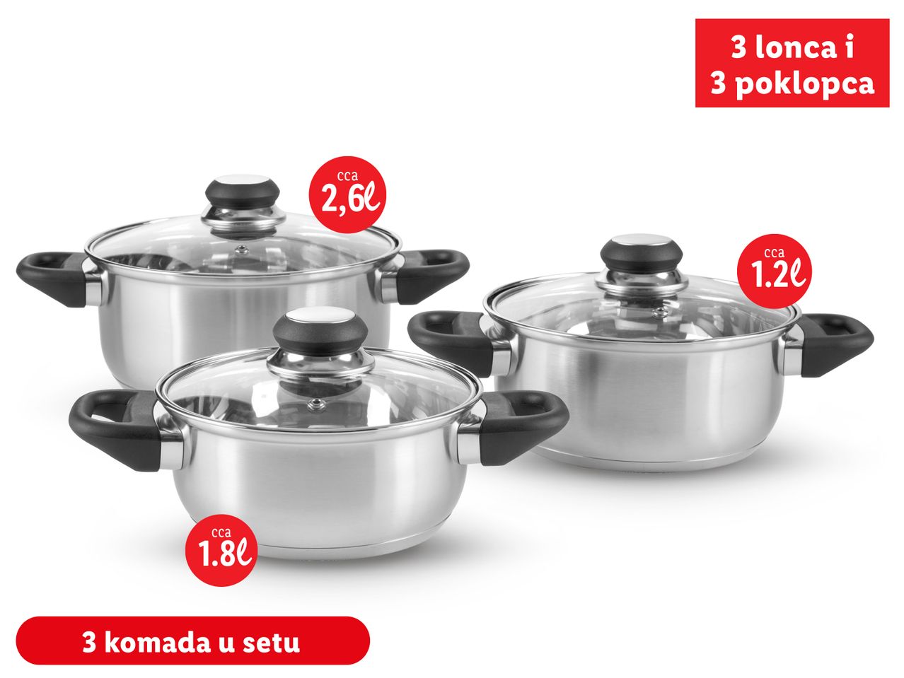 Set od tri inox lonca s poklopcima, kapaciteta 1.8l, 1.2l i 2.6l.