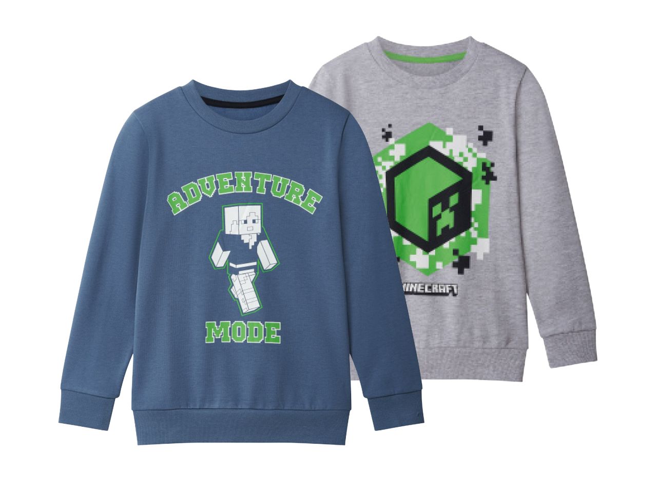 Dva dječja pulovera s temom Minecrafta, jedan plavi s natpisom 'ADVENTURE MODE' i jedan sivi s motivom Creepera.