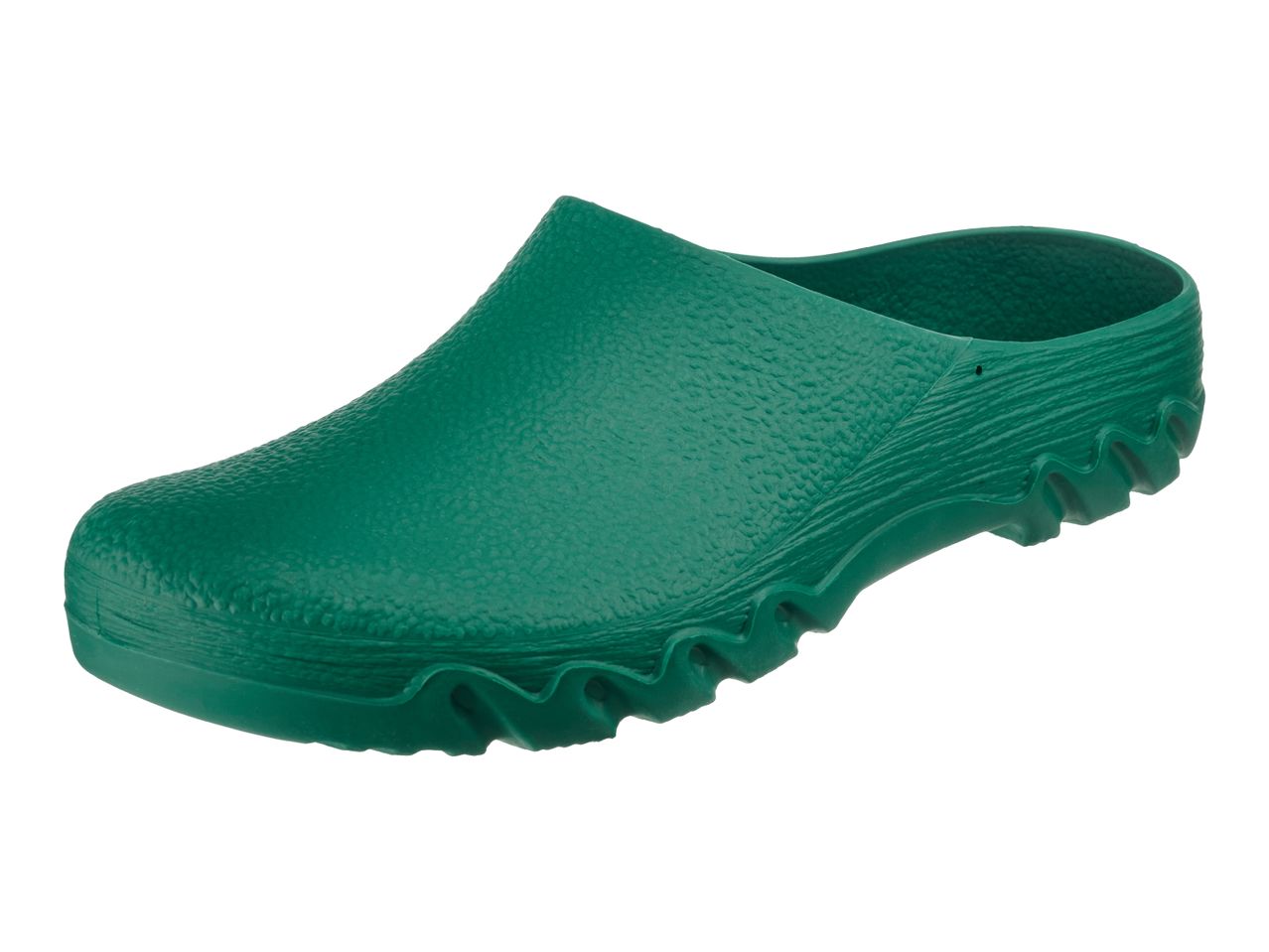 Green garden clog with a textured surface and a wavy sole.