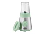 Stainless steel and mint green personal blender with a clear cup and an extra lid