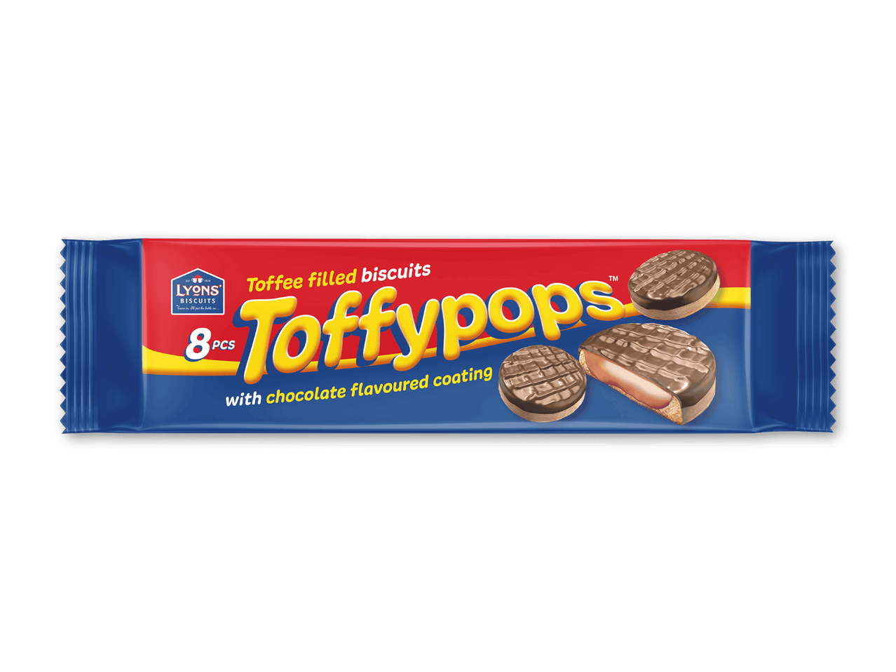 Pakke med 8 toffee-fyldte kiks med chokoladesmag, med to kiks vist.