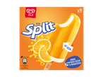 Verpakking van negen oranje ijsjes met vanille-ijs, 67 kcal per stuk, zonder kunstmatige kleur- en smaakstoffen.