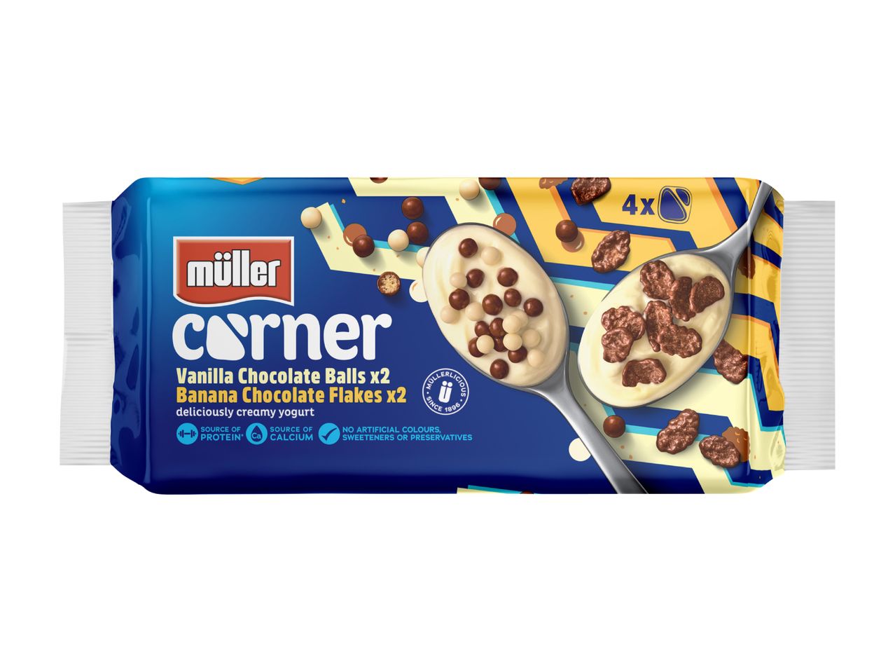 Müller Corner: vanilla chocolate balls and banana chocolate flakes with yogurt.