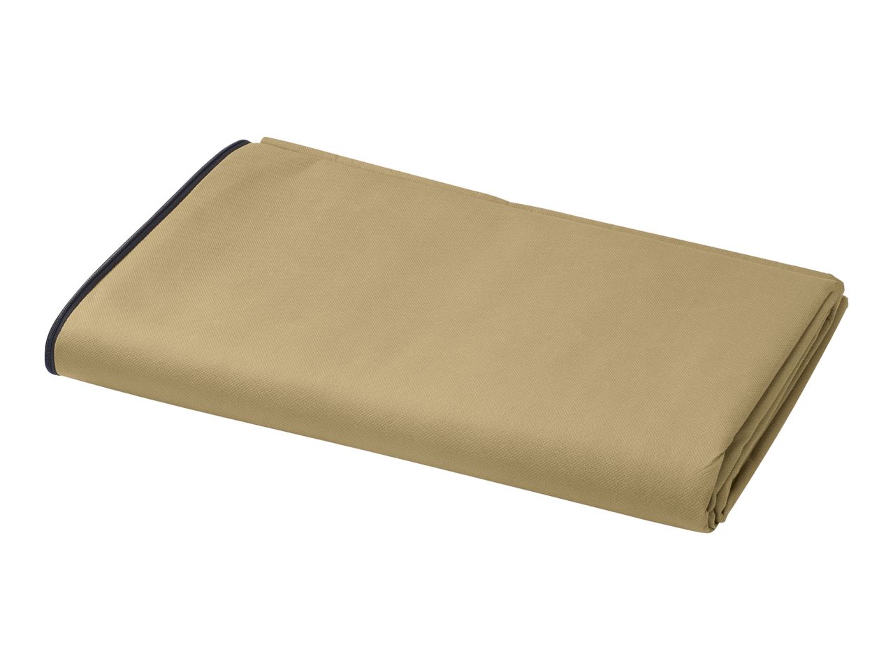 Folded beige picnic blanket with a black border