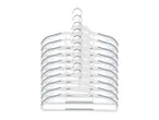 Ten white plastic clothes hangers with gray rubber grips hang from a metal hook.