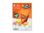 Pakke med 8 eksotiske is-lollies til hjemmefrysning med frugtjuice, omgivet af is og frugt.