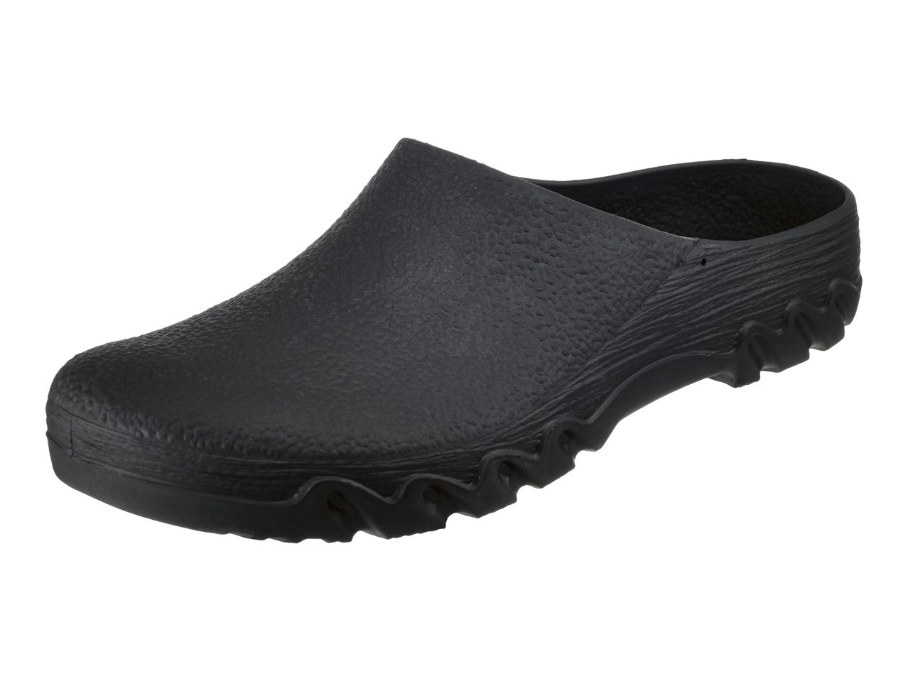 Black slip-on clog with a textured upper and a wavy sole design.
