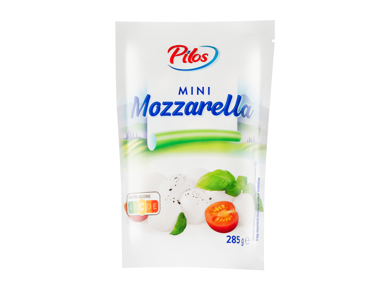 Pilos Mini Mozzarella csomagolás Nutri-Score címkével.