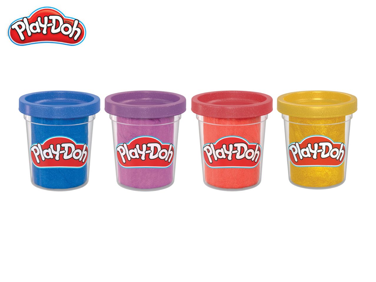 Play-Doh logo and four containers of Play-Doh in blue, purple, red, and gold.
