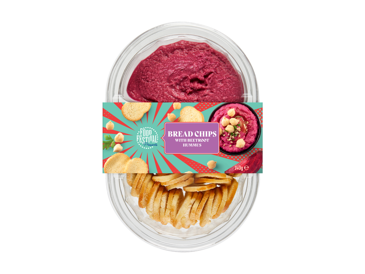 Beetroot hummus with bread chips in a clear plastic container, with a colorful label.
