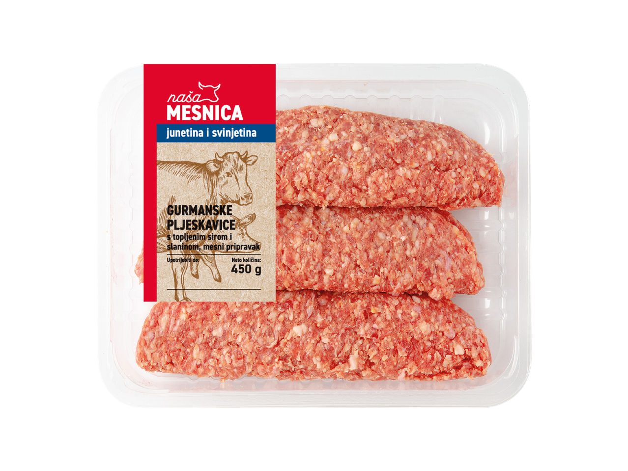 Naša Mesnica Gurmanske pljeskavice od junetine i svinjetine s topljenim sirom i slaninom, 450 g