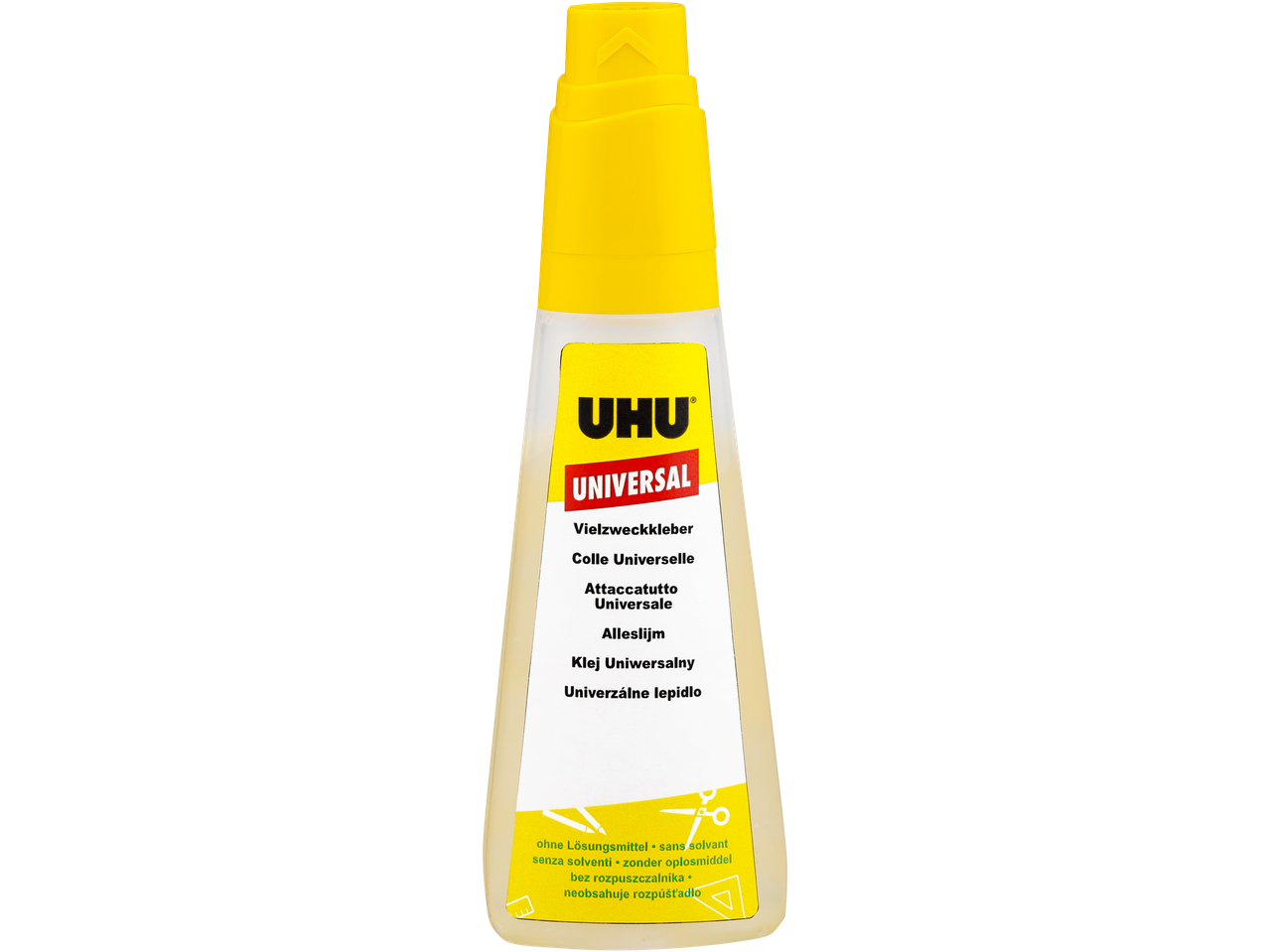 UHU Universele lijm, oplosmiddelvrij, in een transparante fles met gele dop.