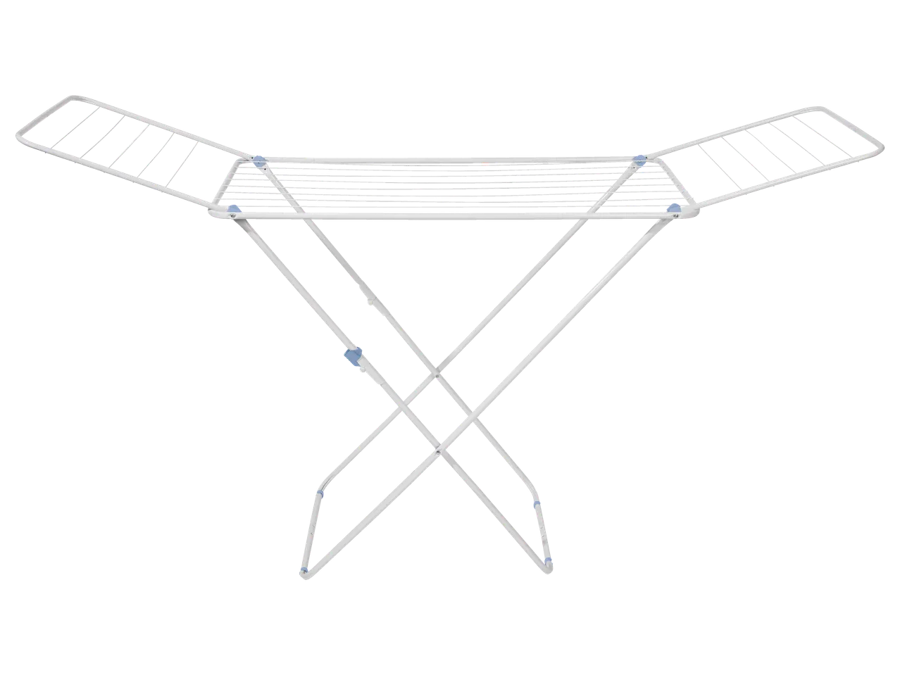 A white foldable clothes drying rack with two wings.