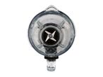 Top-down view of an empty glass blender jug showing the stainless steel blades inside