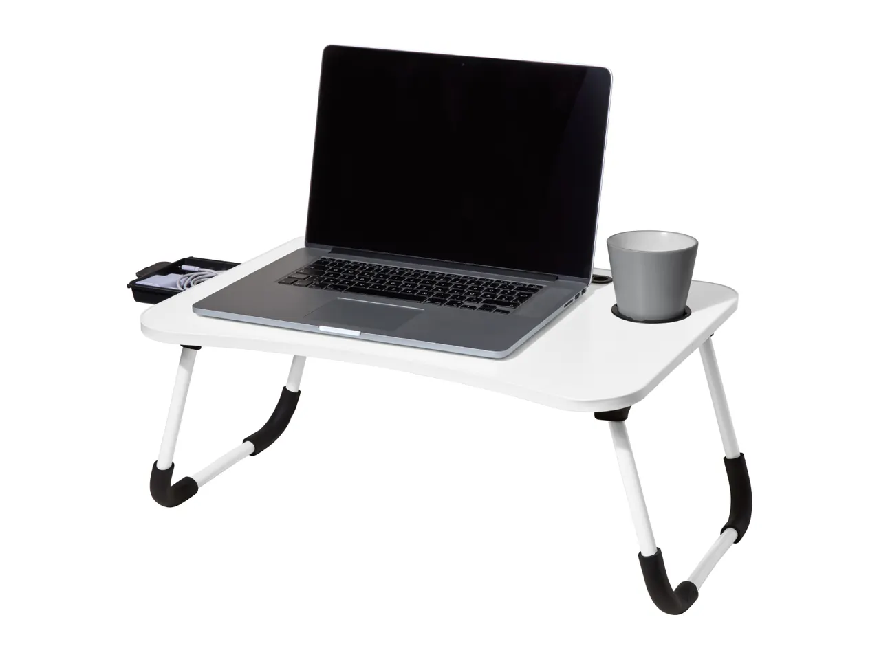 White portable laptop desk with a laptop, cup, and storage compartment.