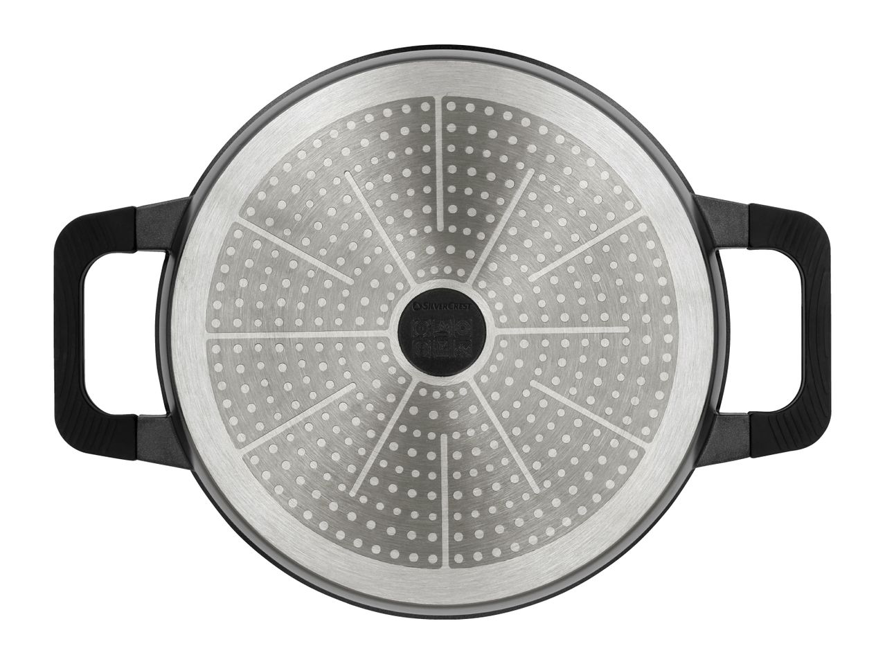 Bottom of a cooking pot with two handles, featuring a circular, textured base.