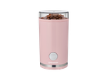 Moedor de café rosa com grãos de café inteiros visíveis através da tampa transparente.