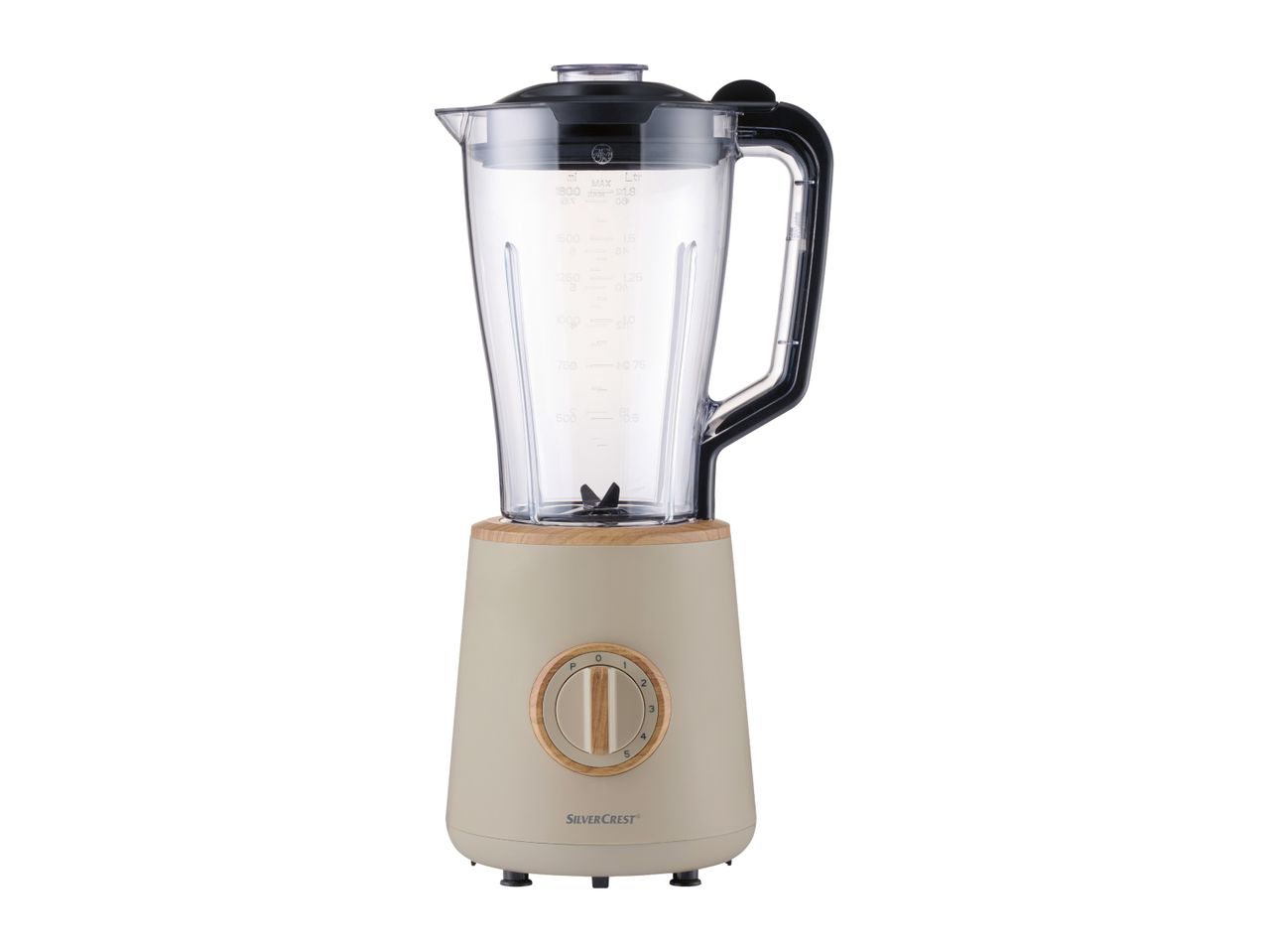 A beige blender with a clear jug, black lid, and a wooden-look control dial with settings from P to 5.