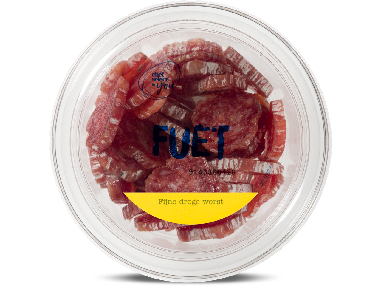 Gesneden fijne droge worst in een doorzichtige plastic verpakking, onderdeel van het 'Alle tapas' assortiment.