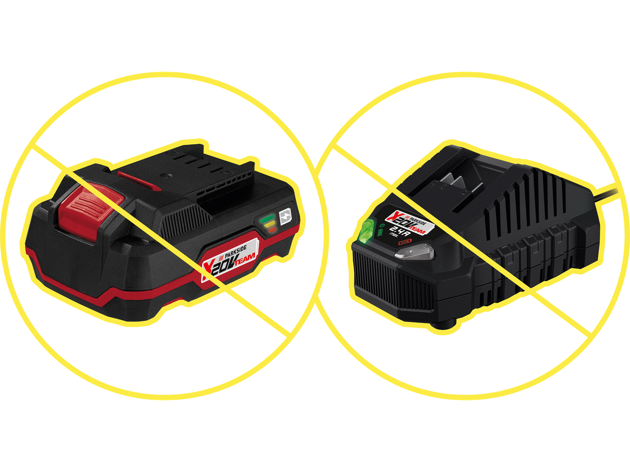 Μια μπαταρία και ένας φορτιστής ασύρματου εργαλείου, και τα δύο με κόκκινο και μαύρο σχέδιο, διαγραμμένα.