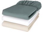 Stack of three Livarno Sateen Fitted Sheets in green, white, and beige.