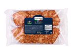 Puff pastry biscuits in clear packaging with a blue label showing nutritional information.