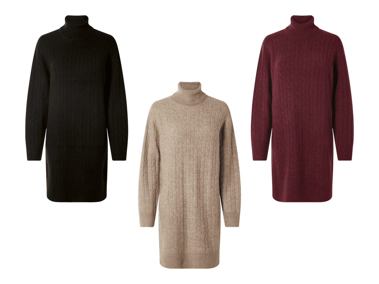 Naisten neulemekkoja kolmessa eri värissä: musta, beige ja viininpunainen.