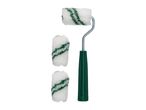 Paint roller with a green handle and two replacement roller covers