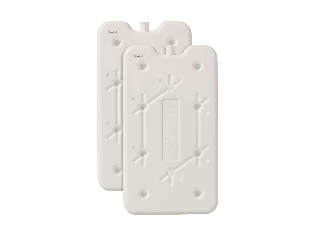 Two white rectangular freezer packs with a textured surface and a small spout.