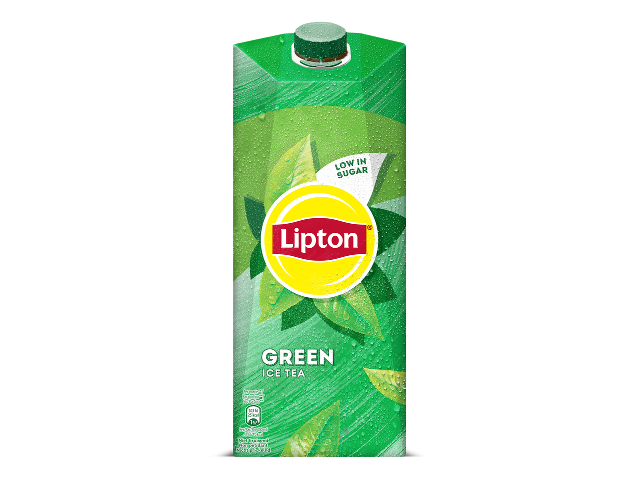 Groene ijsthee in een groene verpakking met de tekst 'LOW IN SUGAR' en voedingsinformatie.