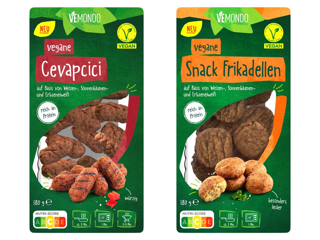 Zwei vegane Produkte: Cevapcici und Snack Frikadellen von Vemondo.