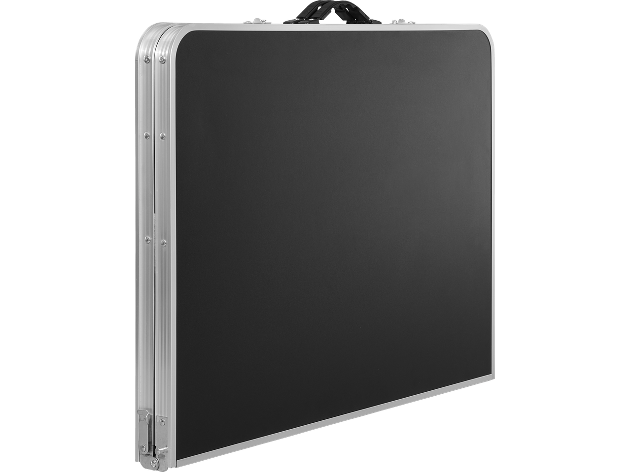 CRIVIT Camping Table, folded, with a black surface and silver aluminum frame.