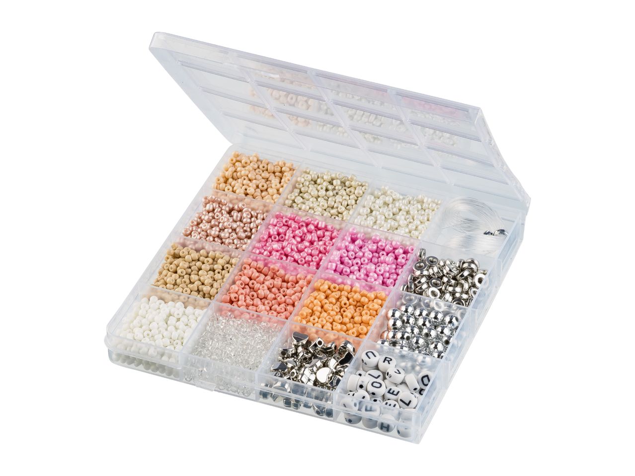 Bead set with various colored beads, silver-colored metal beads, and letter beads in a clear plastic organizer.