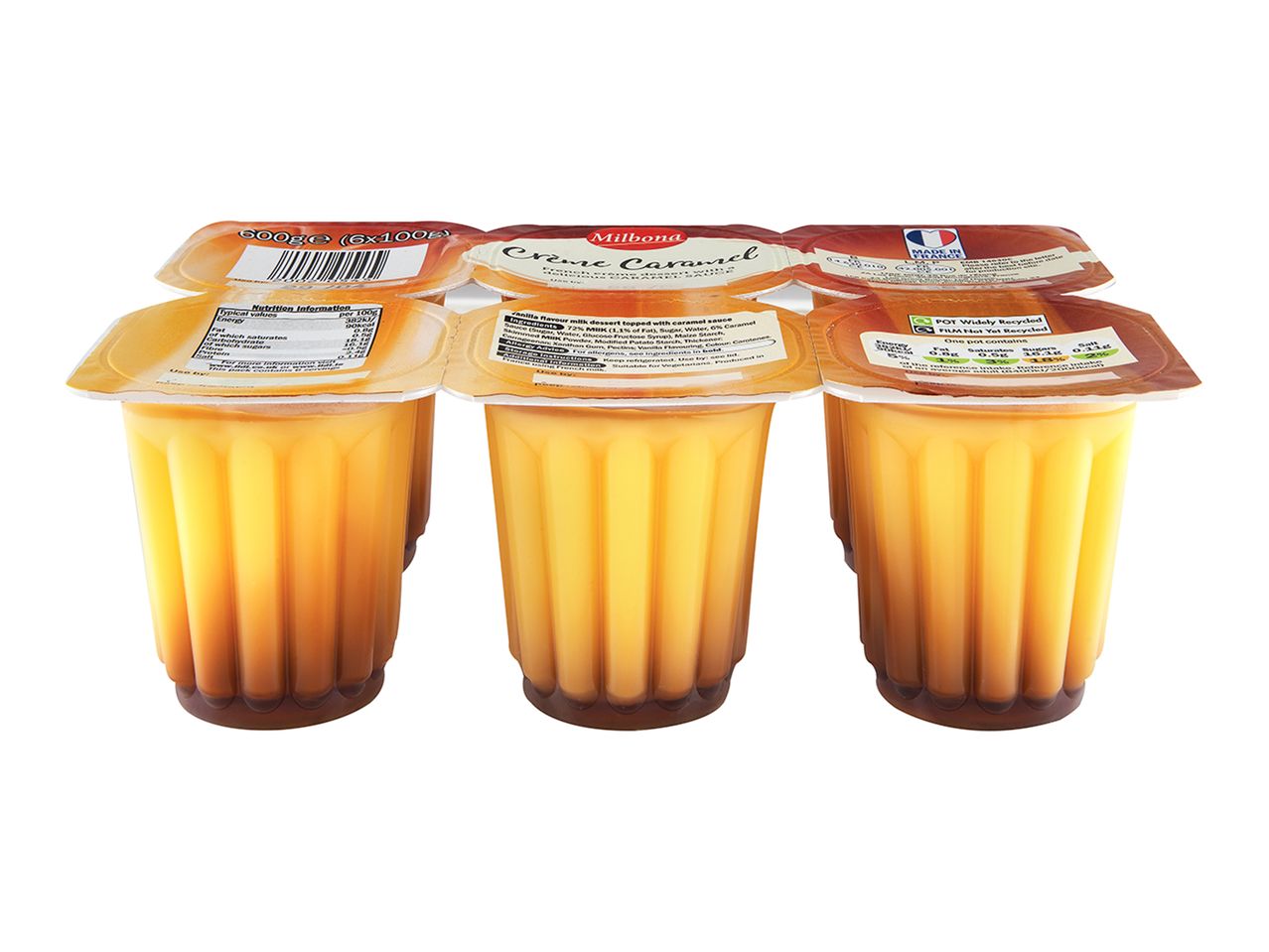 Six Milbona Crème Caramel pots.